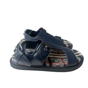 Burberry Kids Navy Blue Leather Check Sandals Buckle Strap Size 31 EU US 13